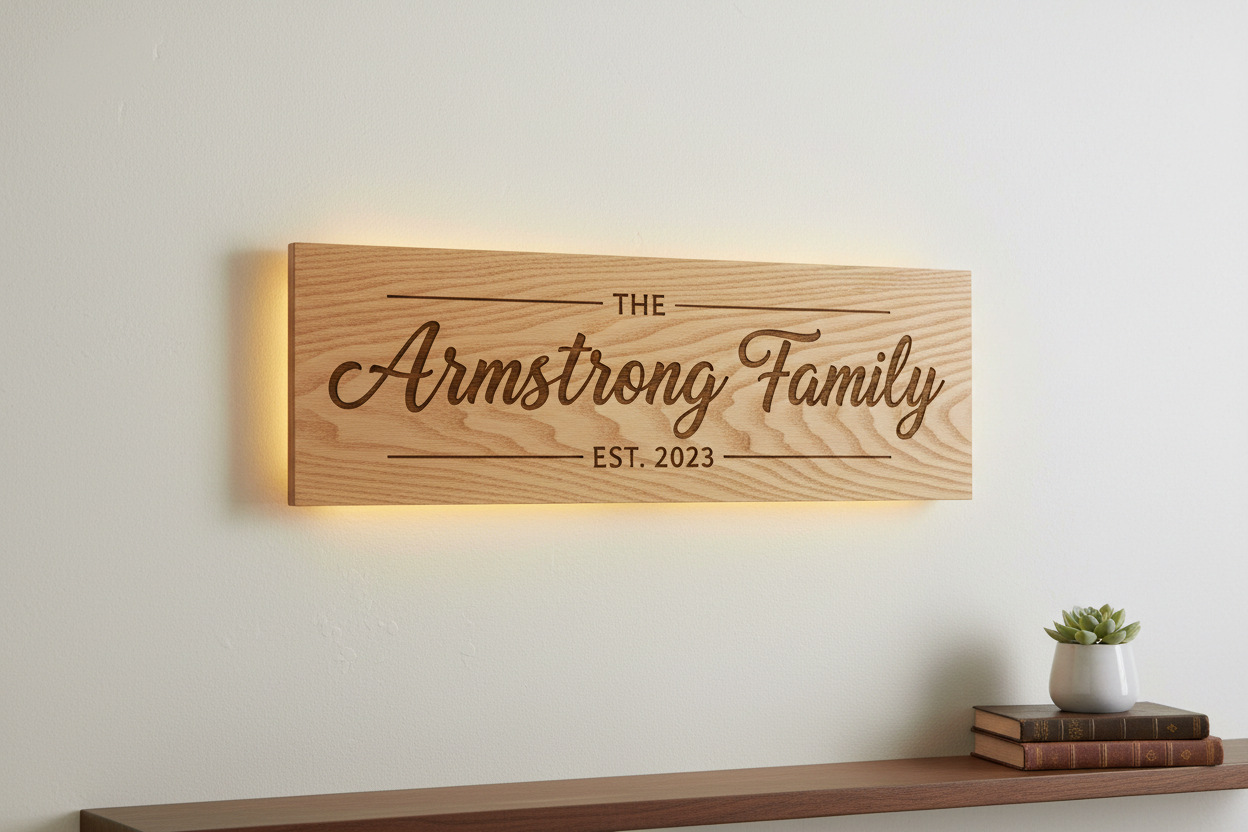 a custom wooden family sign made on a cnc or laser displayed on a wall