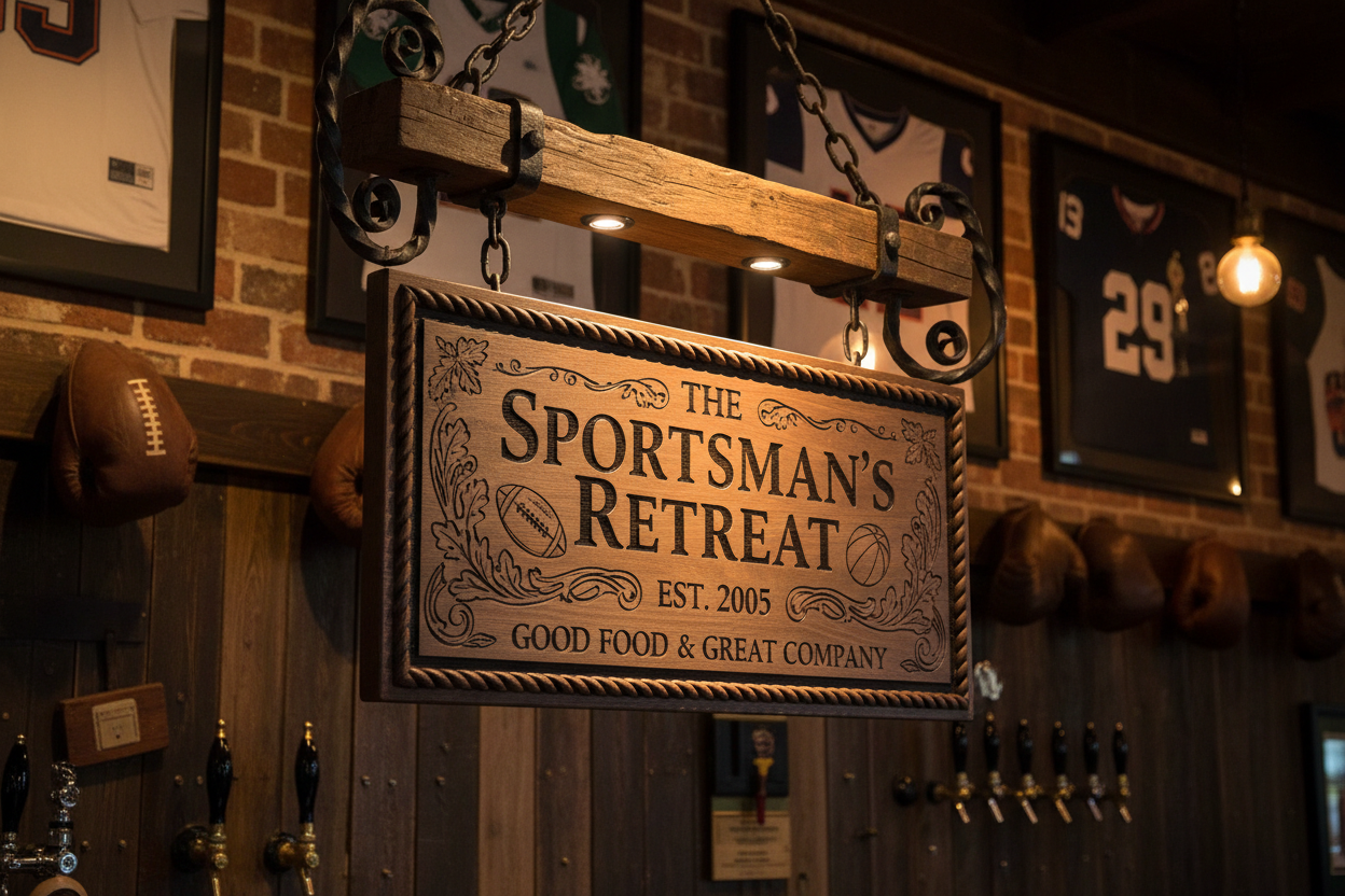a sports pub style custom engraved wooden sign hanging the pub