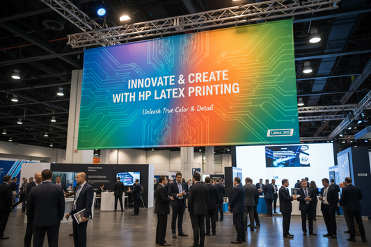 custom sign printed on an hp365 latex printer hanging at an event